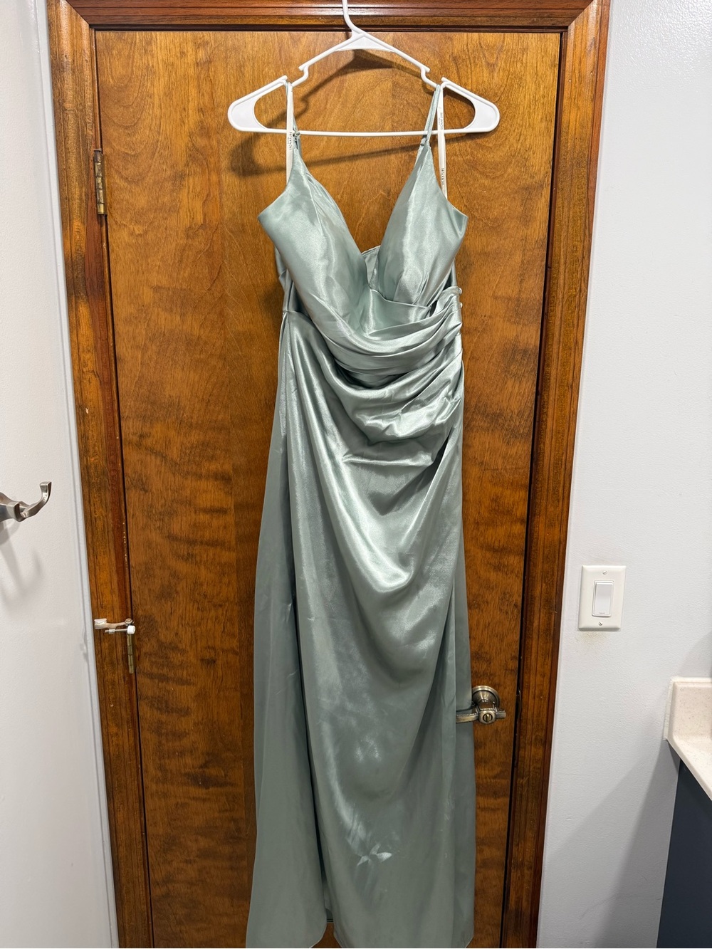 Signature Satin Draped Spaghetti Straped Dress in Sage Green